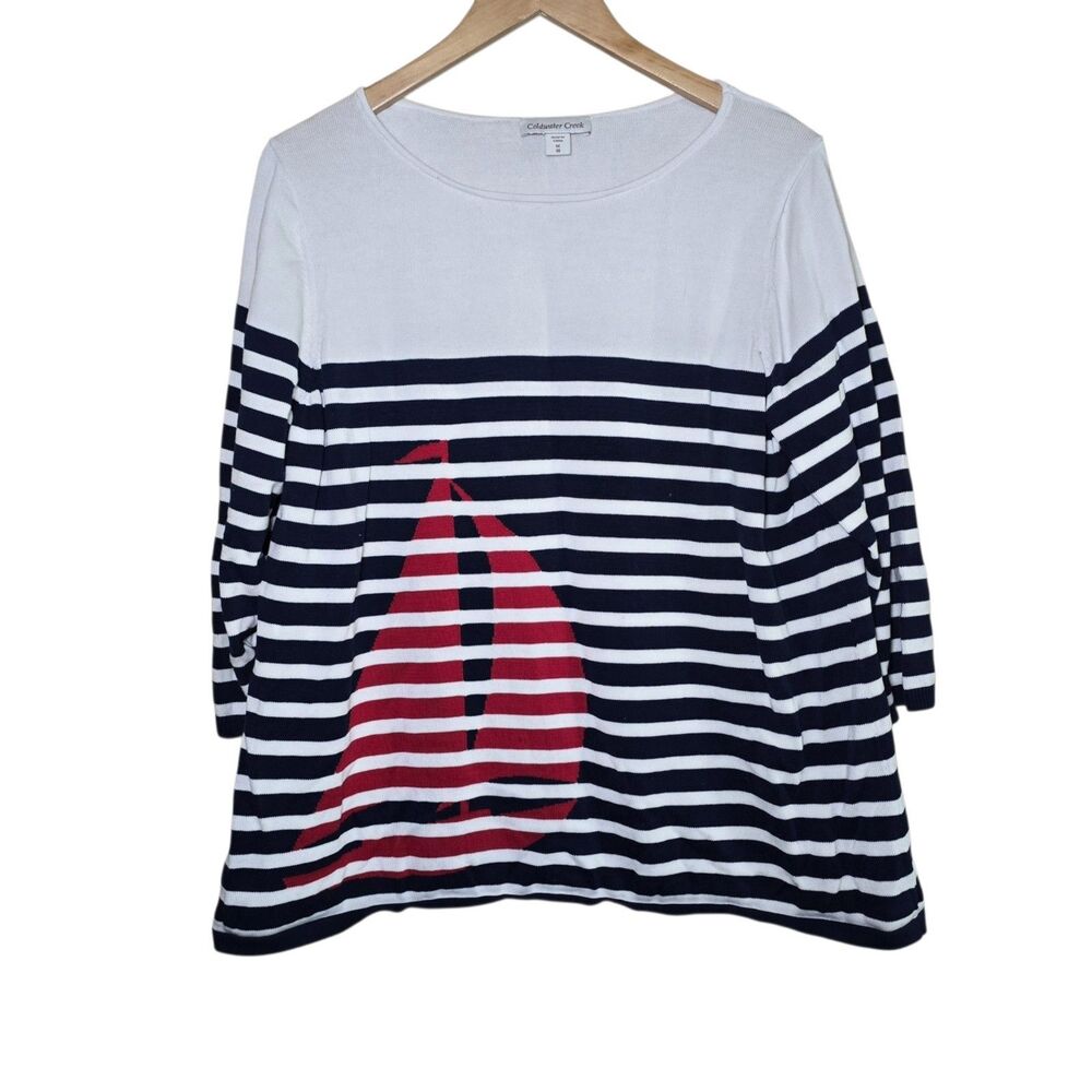 Coldwater Creek Womens 1X Plus Striped Nautical Sailboat Cotton Knit Tunic Top